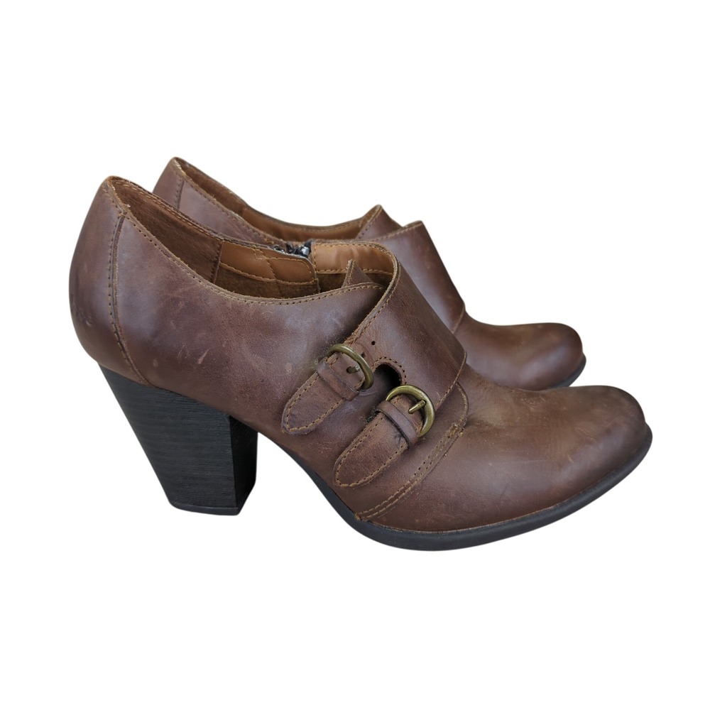 b.o.c Brown Leather Heeled Ankle Booties Buckle Monk‎ Strap Women's 8.5 40 Born